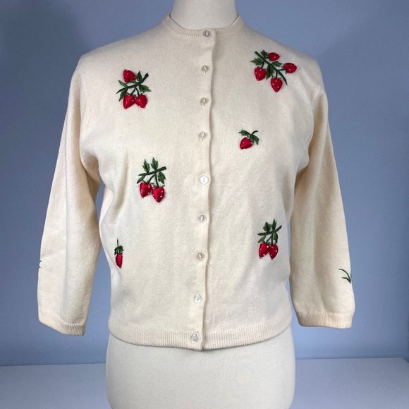 Silver House Sweaters - 1950s 1960s Vintage Wool Cardigan Sweater Embroidered Strawberry Beaded VTG